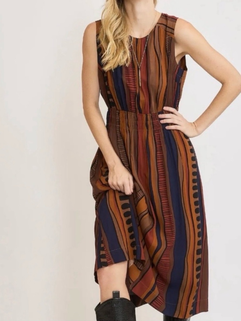 NEW Umgee Sleeveless Midi Dress in Rust, Navy and Brown Stripes sz SM